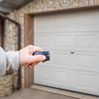 Bellingham security key fob pointing to a garage door